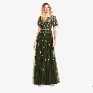 FLORAL SEQUIN BOHO GOWN WITH LACE UP FLUTTER SHORT SLEEVES IN OLIVE